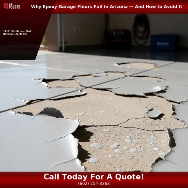 Peeling epoxy garage floor in Phoenix, AZ, showing coating failure.