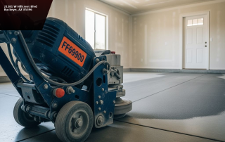 Industrial diamond grinder opening the concrete surface profile on a Phoenix AZ residential garage floor before epoxy coating