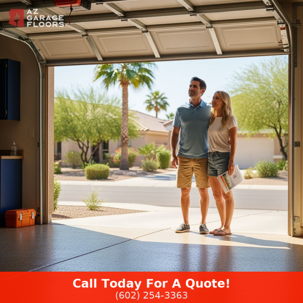 Homebuyers viewing a professionally coated epoxy garage floor in an Arizona home during a real estate showing