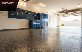 Solid color epoxy garage floor coating in a new Surprise AZ home