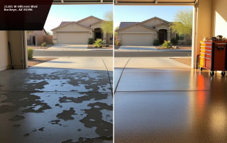 Before and after comparison of garage floor coating peeling bubbling fixed by AZ Garage Floors.