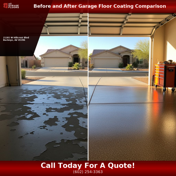 Before and after comparison of garage floor coating peeling bubbling fixed by AZ Garage Floors.