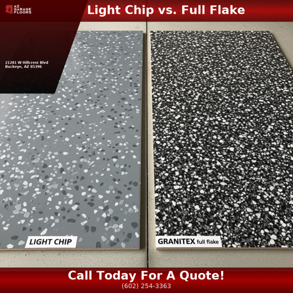 Side-by-side comparison of light chip epoxy and full flake Granitex garage floor samples in Arizona