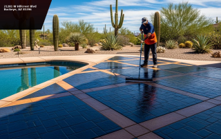 Professionally sealed travertine pool deck pavers in Phoenix AZ with gloss urethane finish