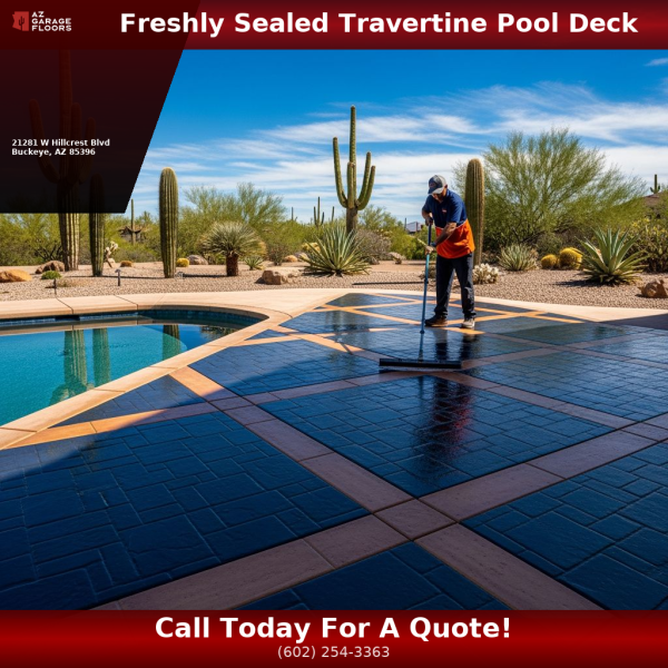Professionally sealed travertine pool deck pavers in Phoenix AZ with gloss urethane finish