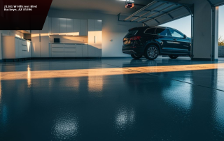 Solid color epoxy garage floor in medium gray — seamless polished finish in a modern Arizona two-car garage