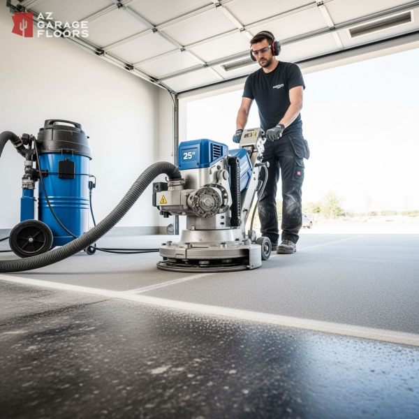 Professional diamond grinding machine preparing garage floor AZ Garage Floors Phoenix
